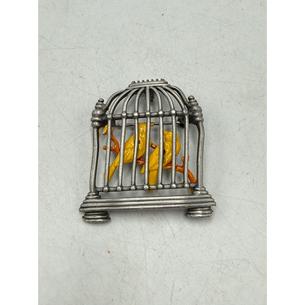 JJ Jonette Vintage Birdcage Brooch Yellow Enamel Birds Pewter Tone Pin Novelty